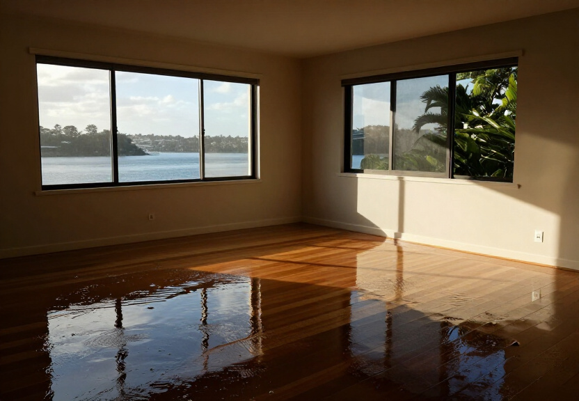 Flooded living room in North Parramatta home before restoration